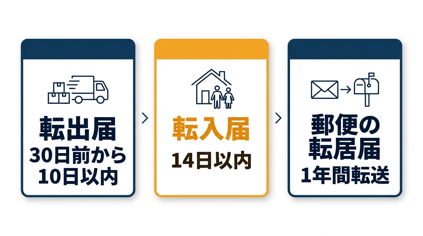 転出届から転入届までの流れ。ワンストップの転出届は引越し予定日の30日前から引越しをした日から10日以内、転入届は14日以内
