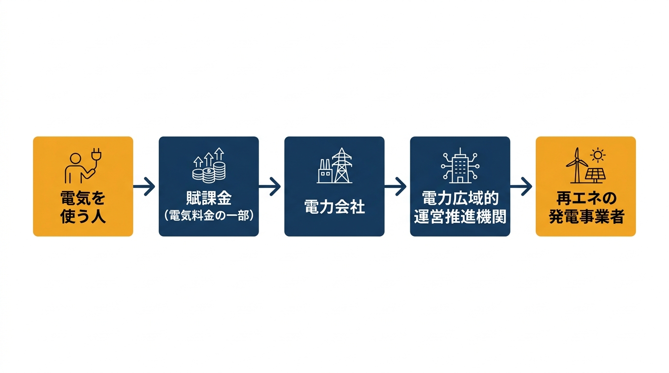 再エネ賦課金のお金の流れ（簡略図）。電気を使う人が電気料金の一部として負担した賦課金は、電力会社と電力広域的運営推進機関による費用負担調整を経て、再エネの買取費用にあてられる。買い取る電気事業者から発電事業者への支払いは省いている