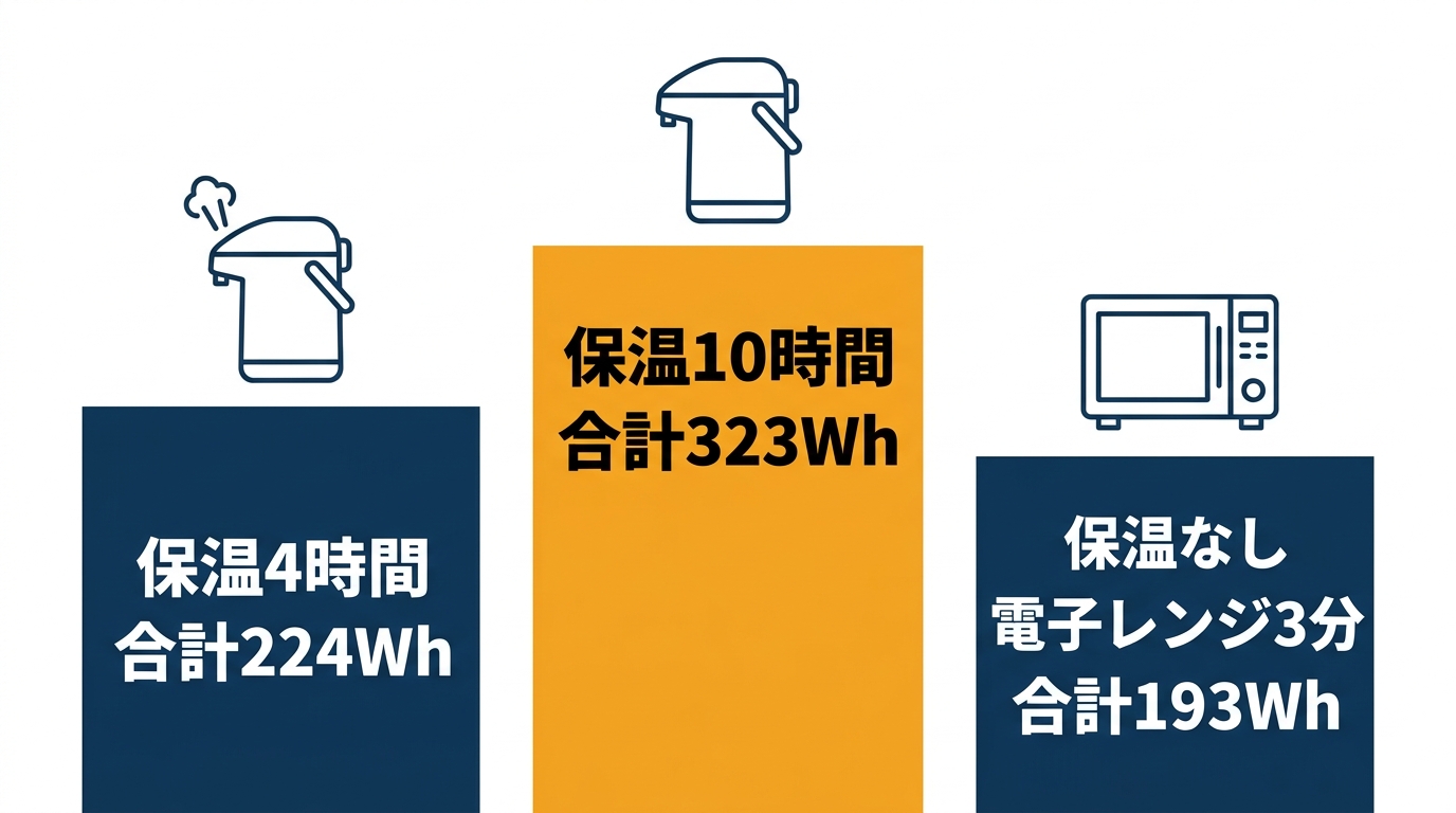 炊飯後に保温する時間ごとの消費電力量の比較（IH式5.5合以上8合未満の平均）。保温4時間は合計224Wh、保温10時間は合計323Wh、保温せず電子レンジ3分加熱は合計193Wh