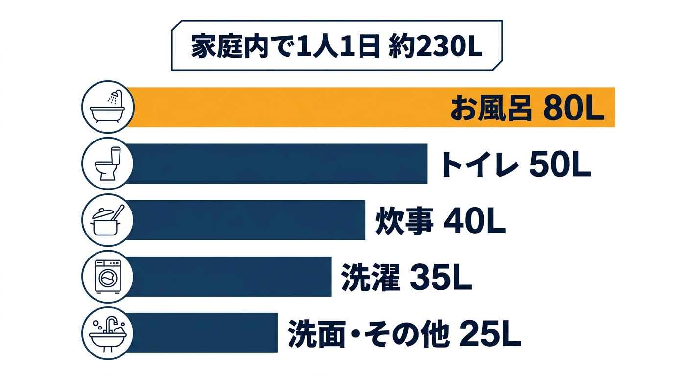家庭で1人が1日に使う水の量の内訳(厚生労働省)。お風呂80L、トイレ50L、炊事40L、洗濯35L、洗面・その他25L、合計は約230L